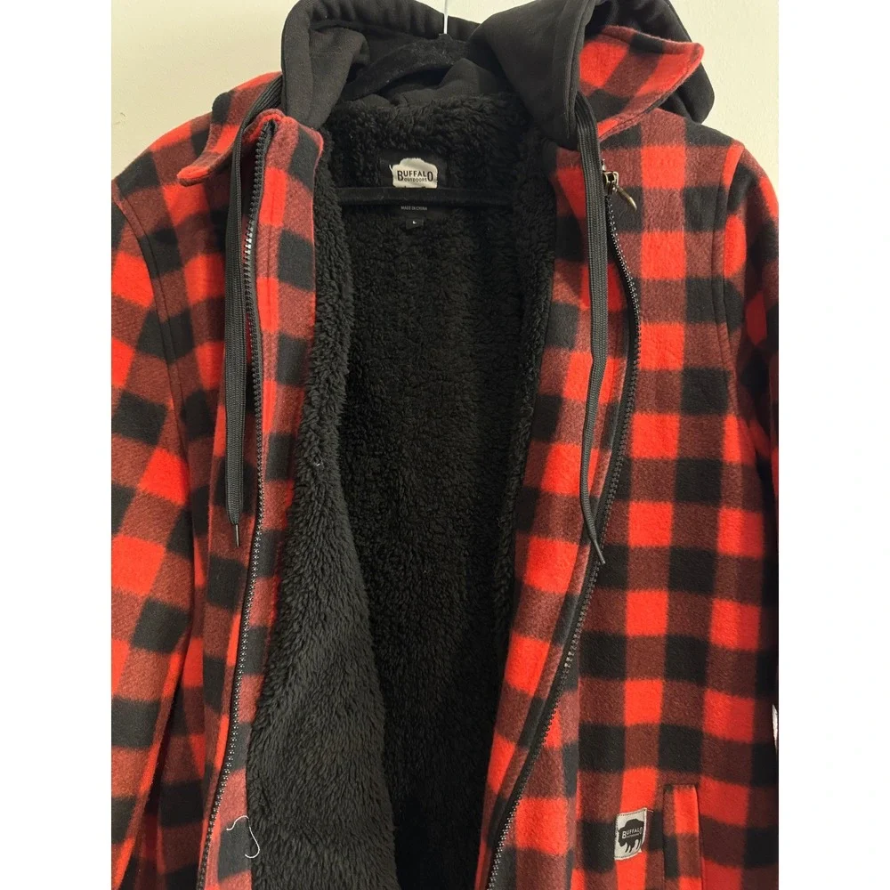 Buffalo Outdoors Hooded Fleece Shirt Jacket Men L Red Buffalo Plaid Sherpa Lined